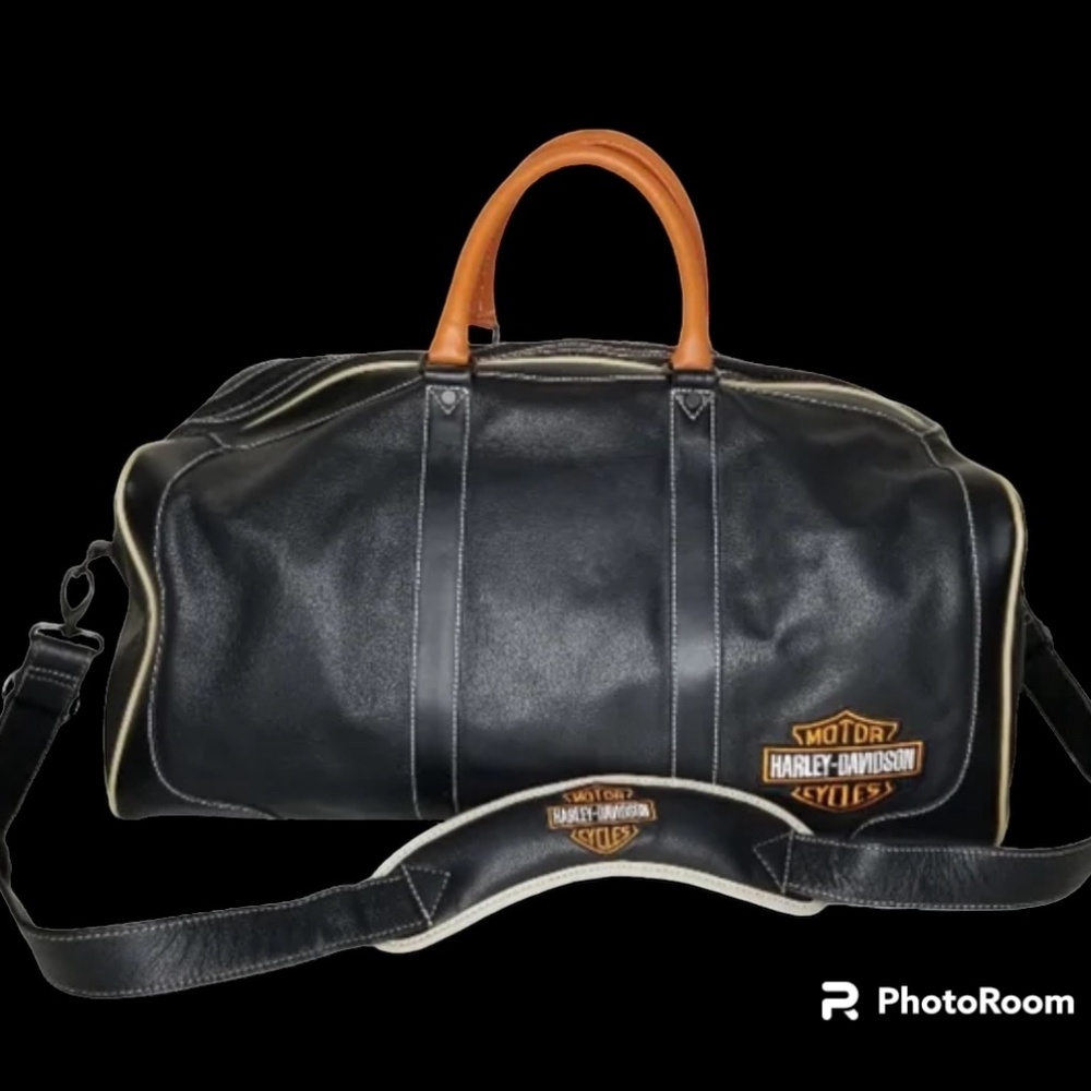 Harley Davidson Genuine 23” Leather Duffle Bag Travel Black Orange